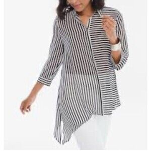 Chicos Semi Sheer Button Top Womens 0/Small Black White Stripe Side Tie 3/4 Slv